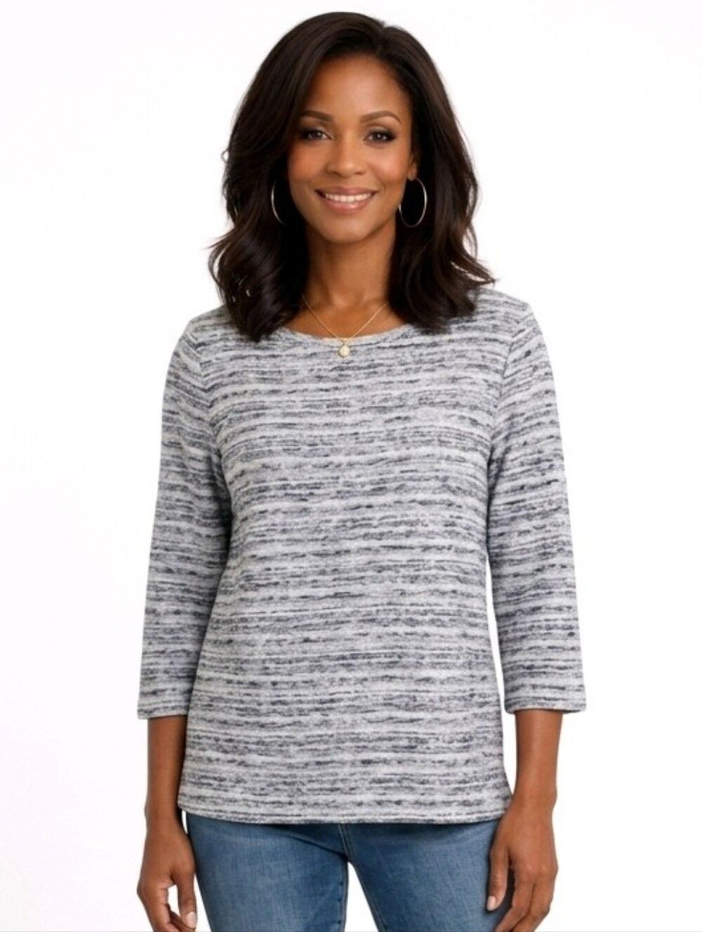 Ann Taylor Loft Multi Color Striped Tweed Bateau Neck 3/4 Sleeve Sweater Size XS
